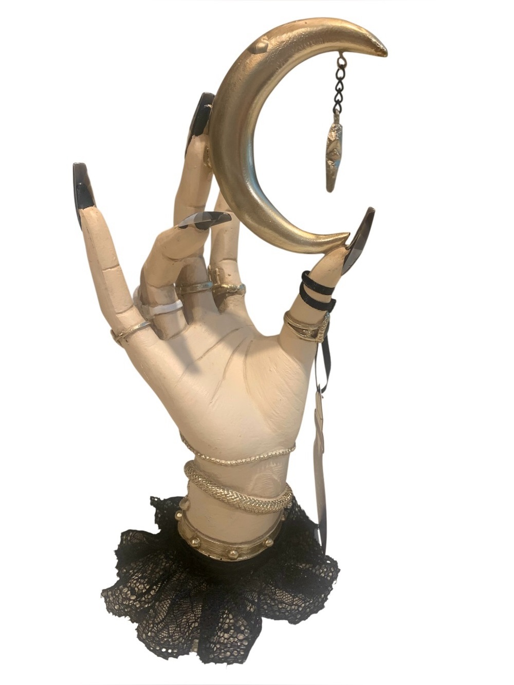 Witch Jeweled Hand Sculpture w Golden Crescent Moon & Star Eerie Charm Halloween
